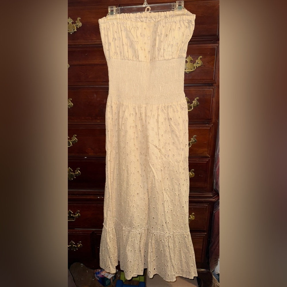 Beige Strapless Eyelet Dress.